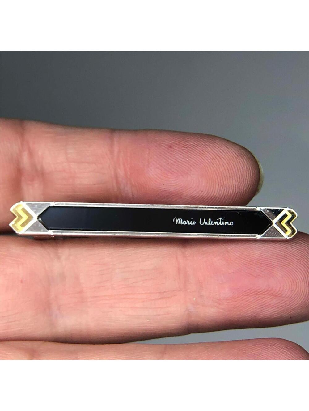 934 Mario Valentino Vintage silver Tone black Tie Pin Bar Clip